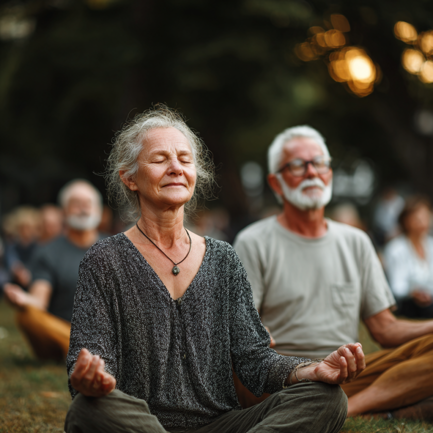 Пожилая женщина занимается йогой