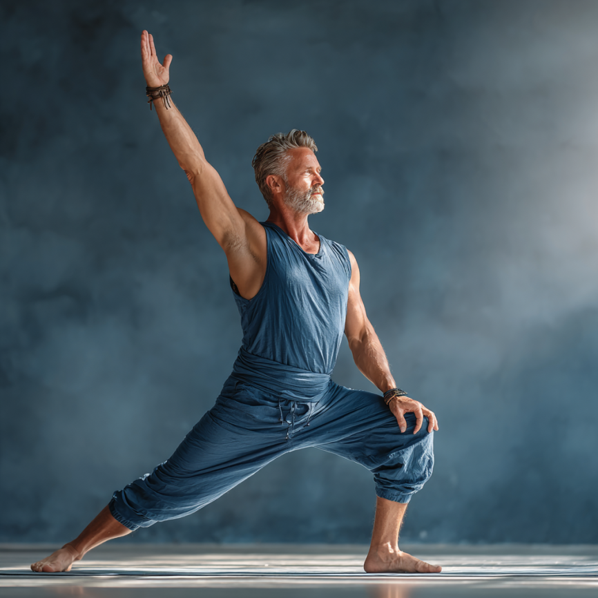 Группа пожилых людей занимается йогой